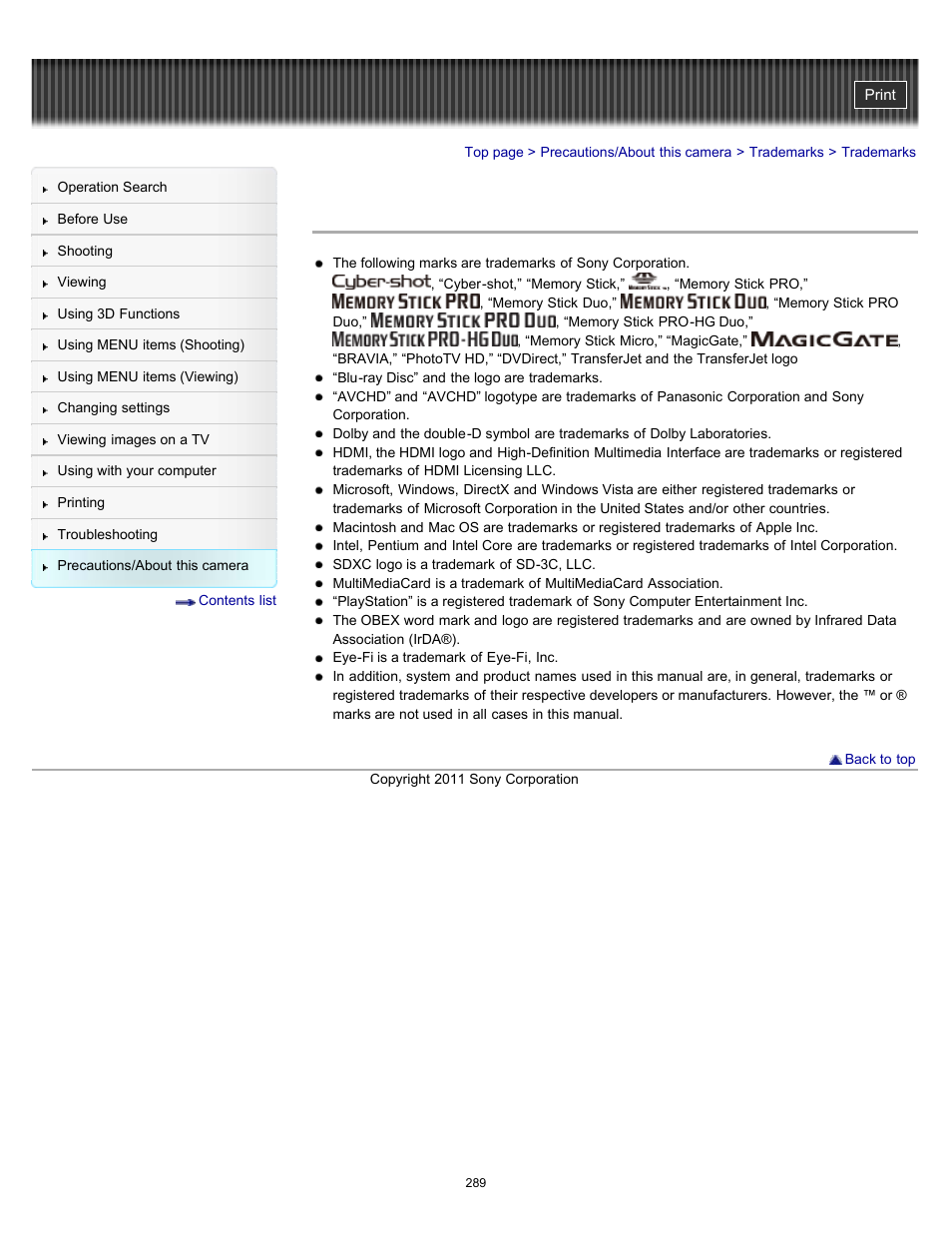 Trademarks | Sony DSC-HX9V User Manual | Page 289 / 289