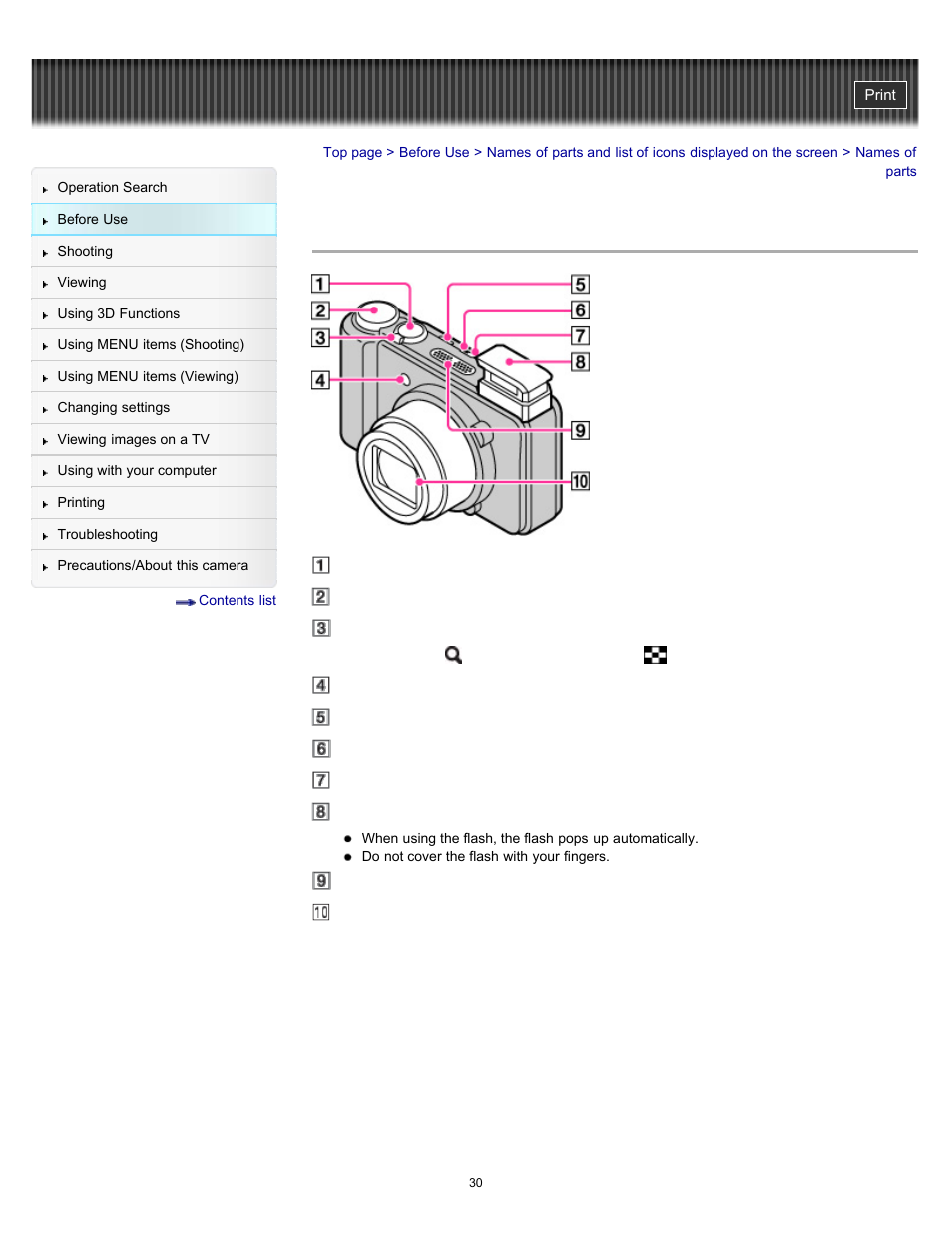 Names of parts | Sony DSC-HX9V User Manual | Page 30 / 289