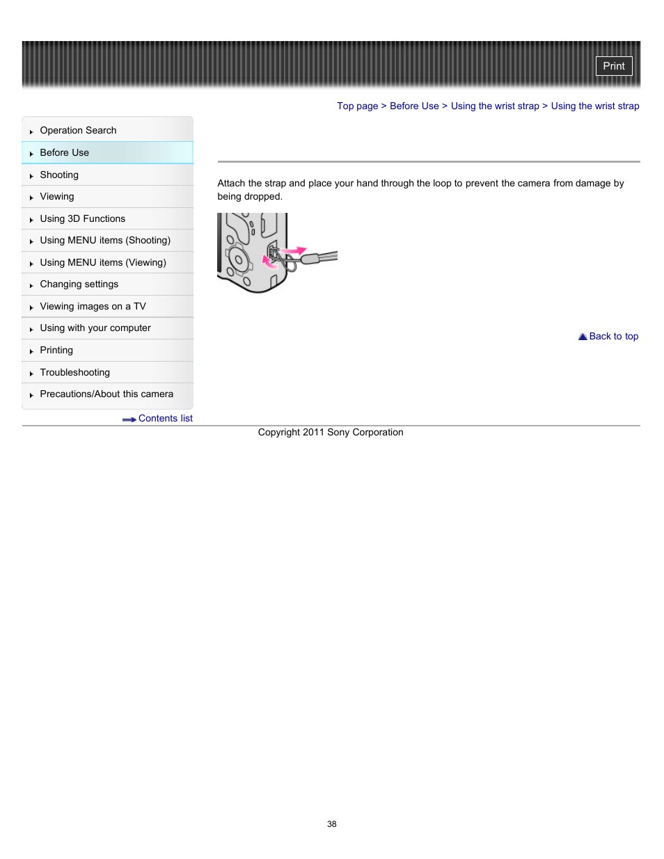 Using the wrist strap | Sony DSC-HX9V User Manual | Page 38 / 289