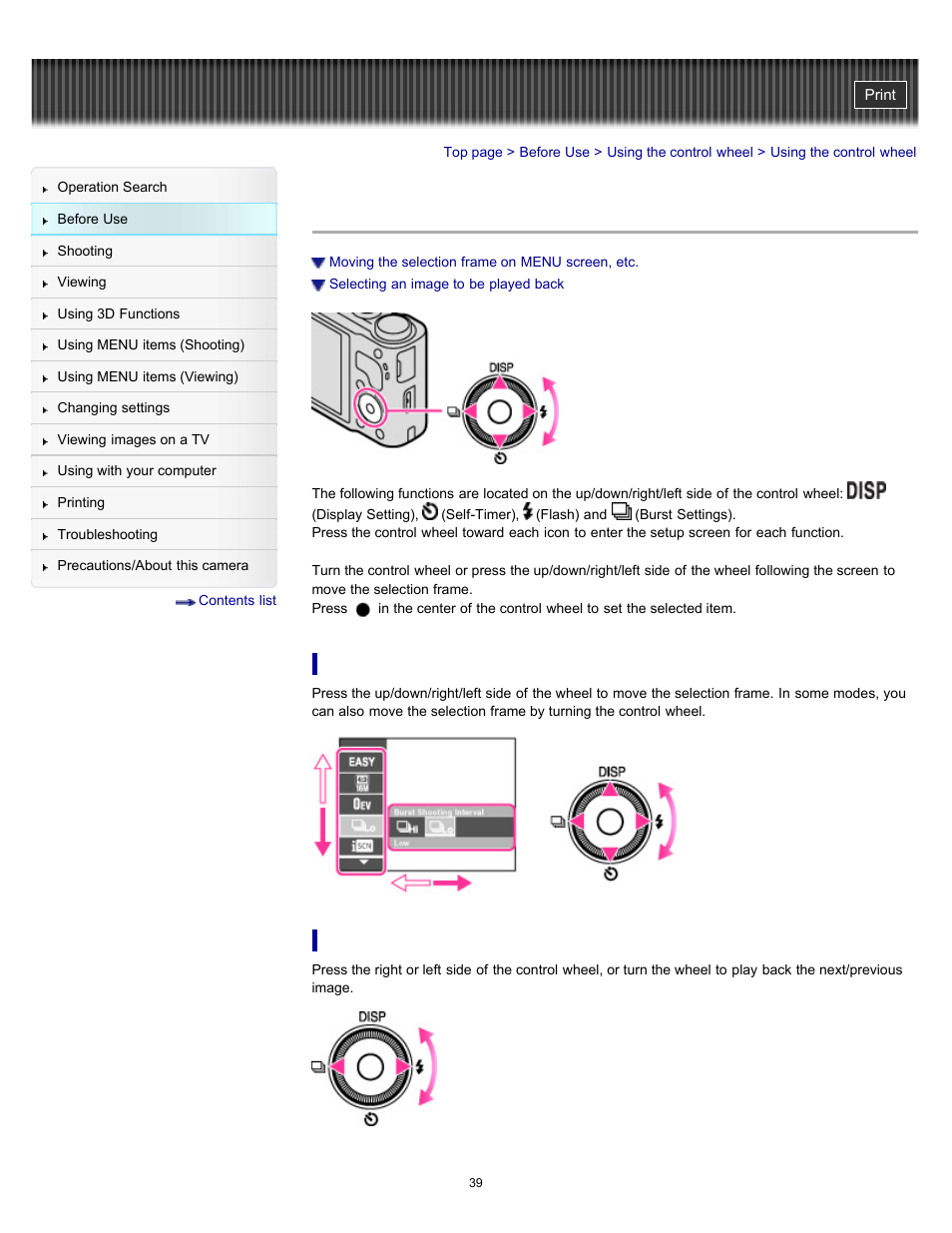 Using the control wheel | Sony DSC-HX9V User Manual | Page 39 / 289