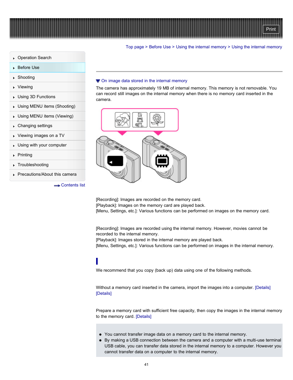 Using the internal memory | Sony DSC-HX9V User Manual | Page 41 / 289
