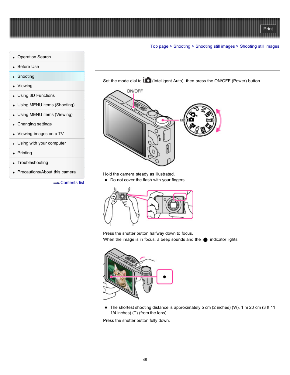 Shooting still images | Sony DSC-HX9V User Manual | Page 45 / 289