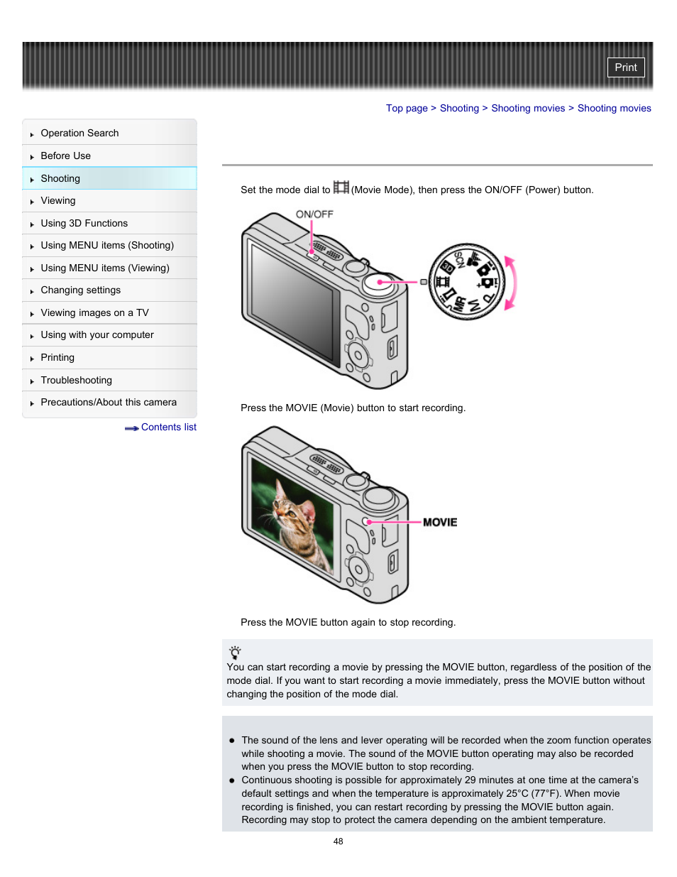 Shooting movies | Sony DSC-HX9V User Manual | Page 48 / 289