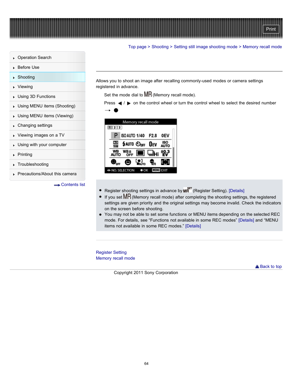 Memory recall mode | Sony DSC-HX9V User Manual | Page 64 / 289