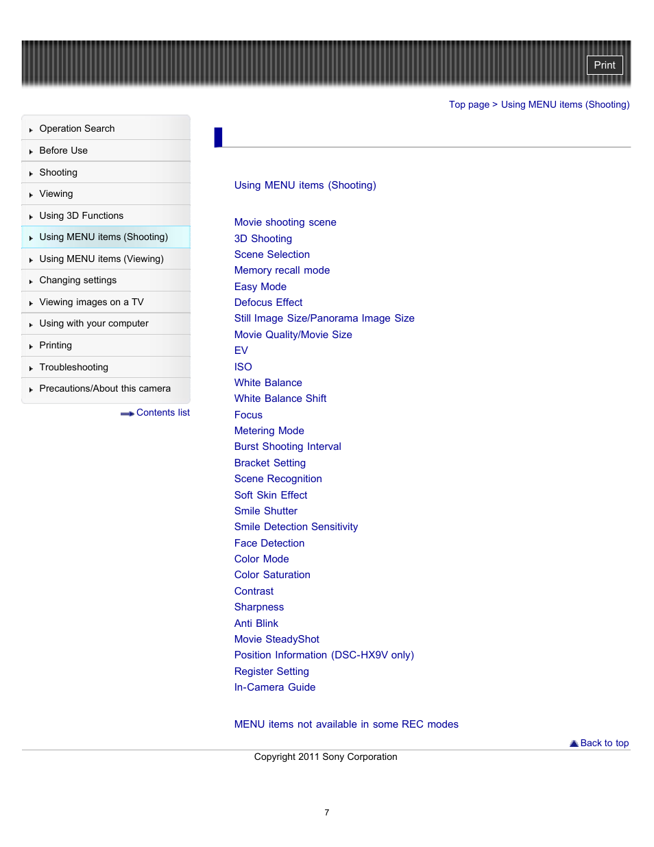 Using menu items (shooting) | Sony DSC-HX9V User Manual | Page 7 / 289