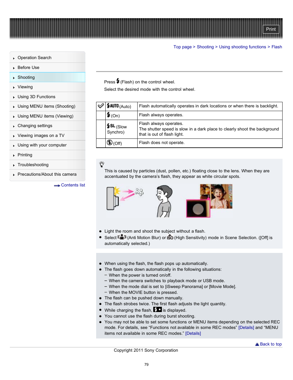 Flash, Slow synchro) | Sony DSC-HX9V User Manual | Page 79 / 289