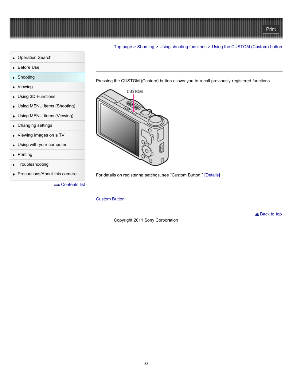 Using the custom (custom) button | Sony DSC-HX9V User Manual | Page 83 / 289