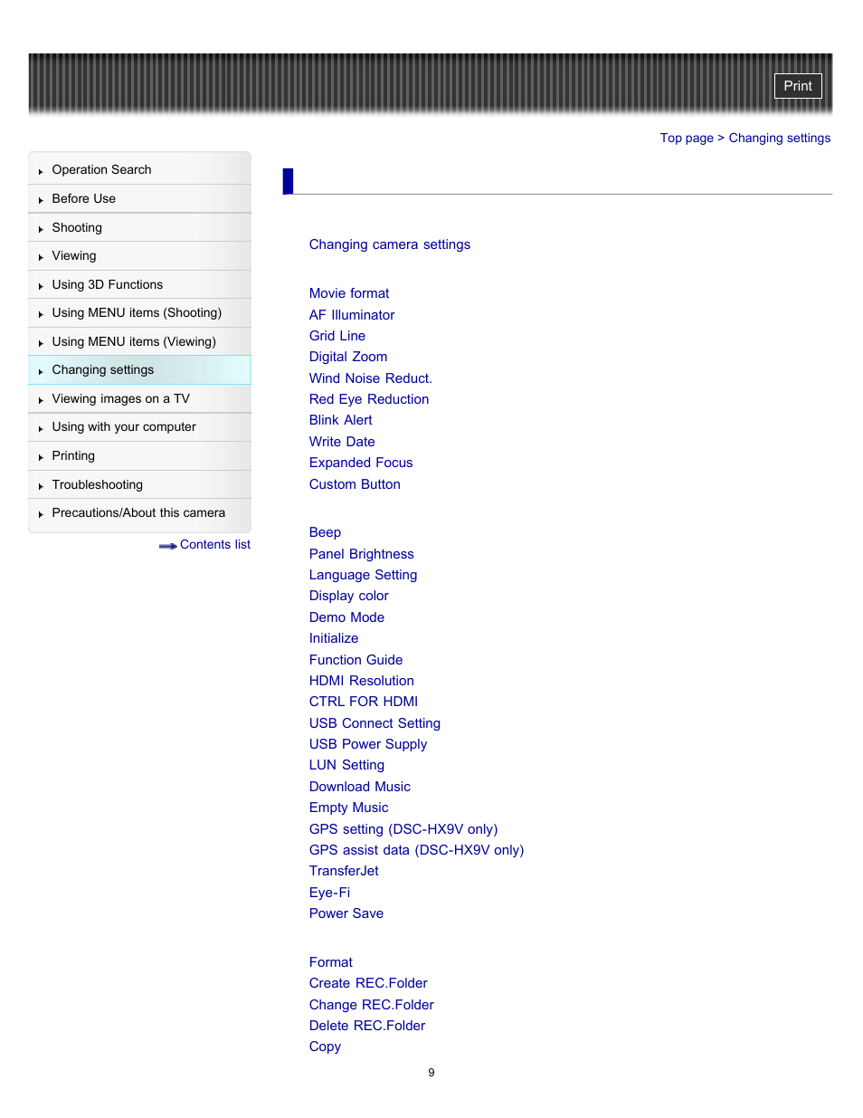 Changing settings | Sony DSC-HX9V User Manual | Page 9 / 289