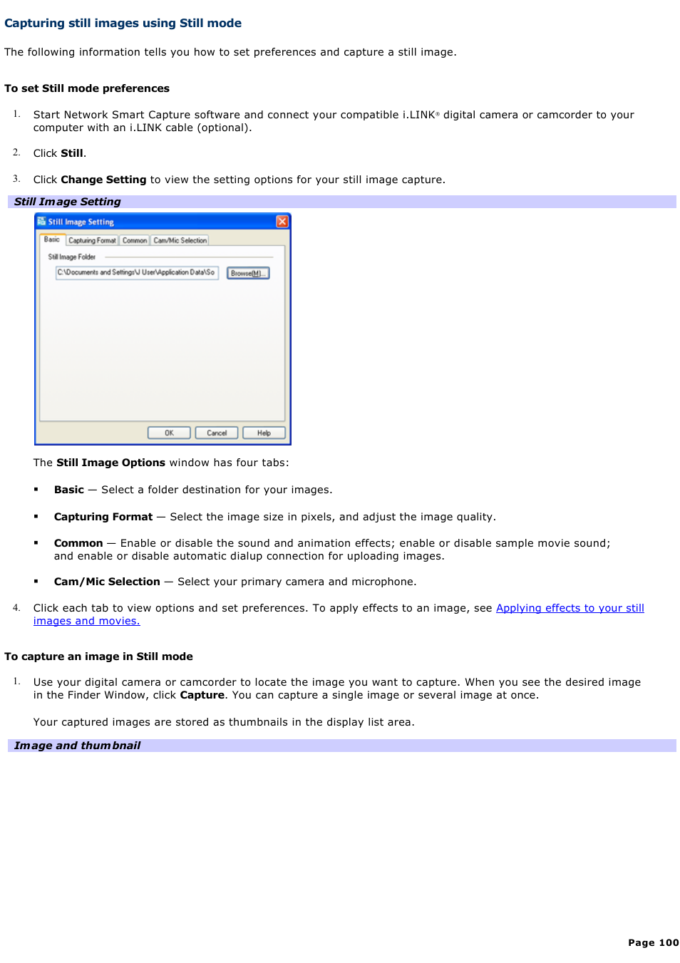 Capturing still images using still mode | Sony PCV-RS311 User Manual | Page 100 / 161