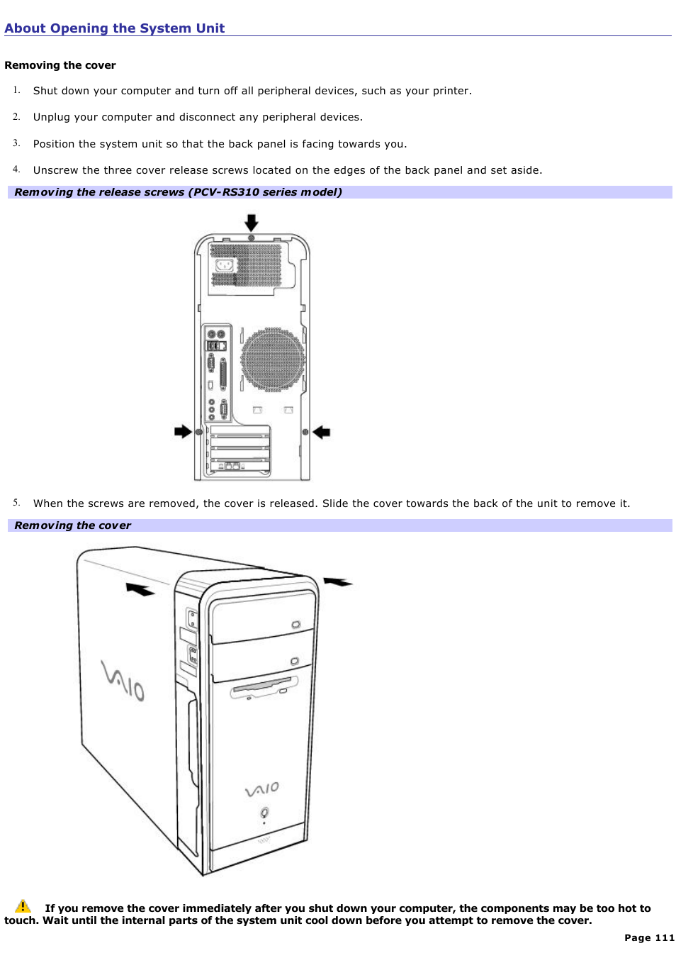 About opening the system unit | Sony PCV-RS311 User Manual | Page 111 / 161