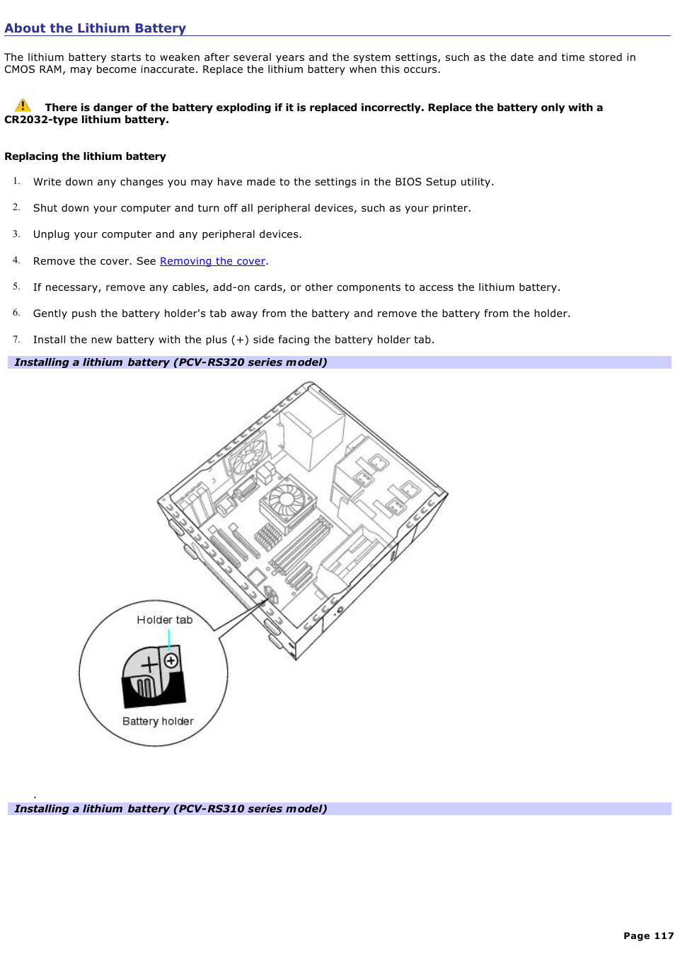 About the lithium battery | Sony PCV-RS311 User Manual | Page 117 / 161