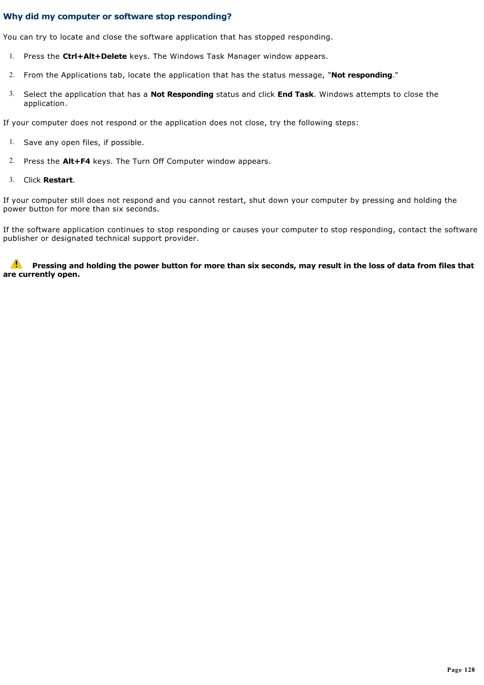 Why did my computer or software stop responding | Sony PCV-RS311 User Manual | Page 128 / 161