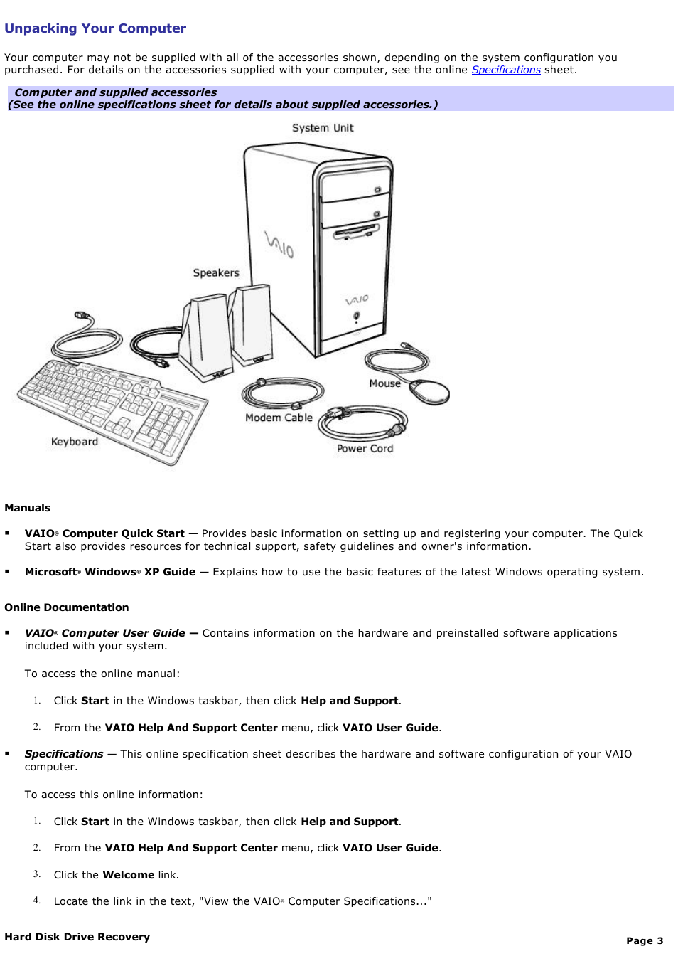 Unpacking your computer | Sony PCV-RS311 User Manual | Page 3 / 161