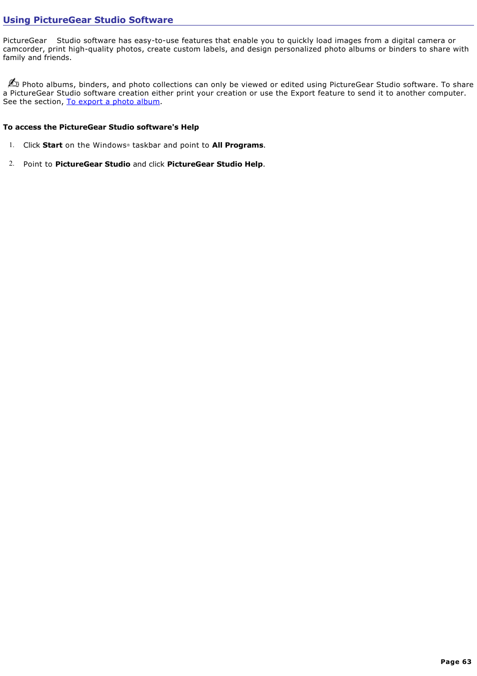 Using picturegear studio software | Sony PCV-RS311 User Manual | Page 63 / 161