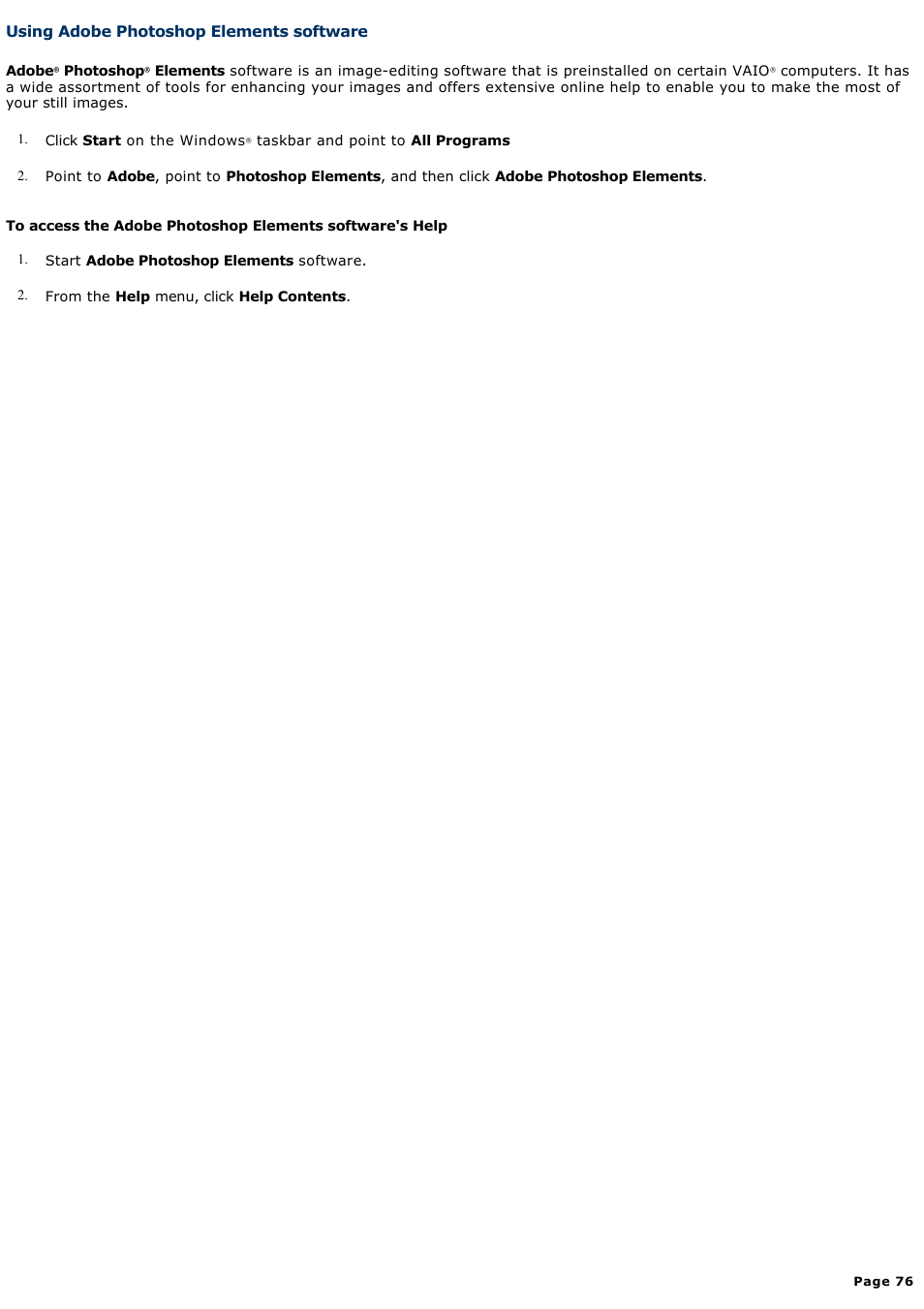 Using adobe photoshop elements software | Sony PCV-RS311 User Manual | Page 76 / 161