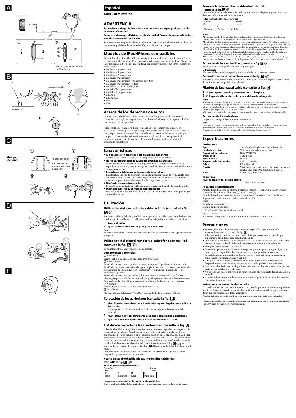 Español, Advertencia, Modelos de ipod/iphone compatibles | Acerca de los derechos de autor, Característícas, Utilización, Especificaciones, Precauciones | Sony XBA-4iP User Manual | Page 2 / 2