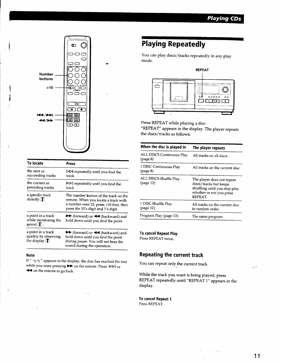 Note, Playing repeatedly, To cancel repeat play | Repeating the current track, To cancel repeat 1, Playing cds, L^lop, Qcicid | Sony CDP-CX53 User Manual | Page 11 / 19