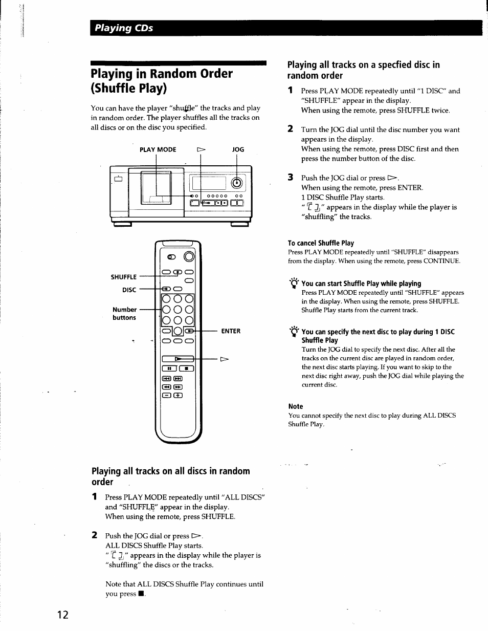 Playing in random order (shuffle play), To cancel shuffle play, Q' you can start shuffle play while playing | Note, Playing all tracks on all discs in random order, Playing cds, O|of, Dunctd | Sony CDP-CX53 User Manual | Page 12 / 19