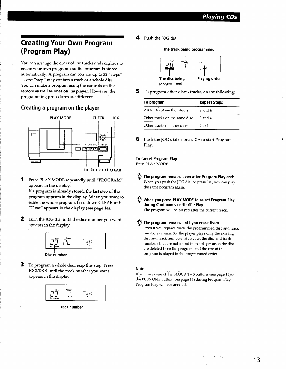 Creating your own program (program play), Creating a program on the player, To cancel program play | Note, Sd 1 t, Playing cds | Sony CDP-CX53 User Manual | Page 13 / 19