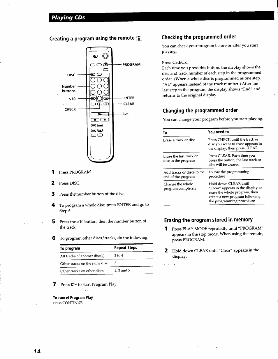 Creating a program using the remote, Checking the programmed order, Changing the programmed order | Erasing the program stored in memory, To cancel program play, Playing cds | Sony CDP-CX53 User Manual | Page 14 / 19