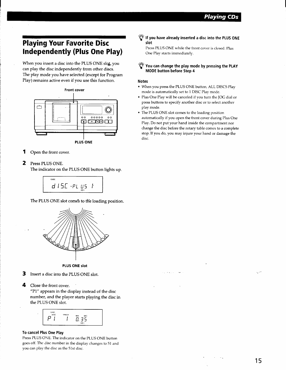 Notes, To cancel plus one play, Playing cds | Sony CDP-CX53 User Manual | Page 15 / 19
