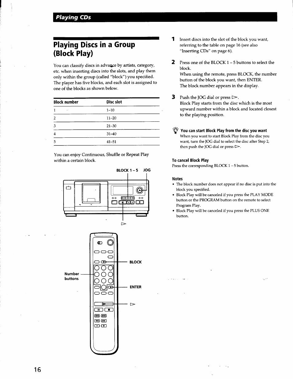 Playing discs in a group (block play), Q' you can start block play from the disc you want, To cancel block play | Notes, Playing cds | Sony CDP-CX53 User Manual | Page 16 / 19