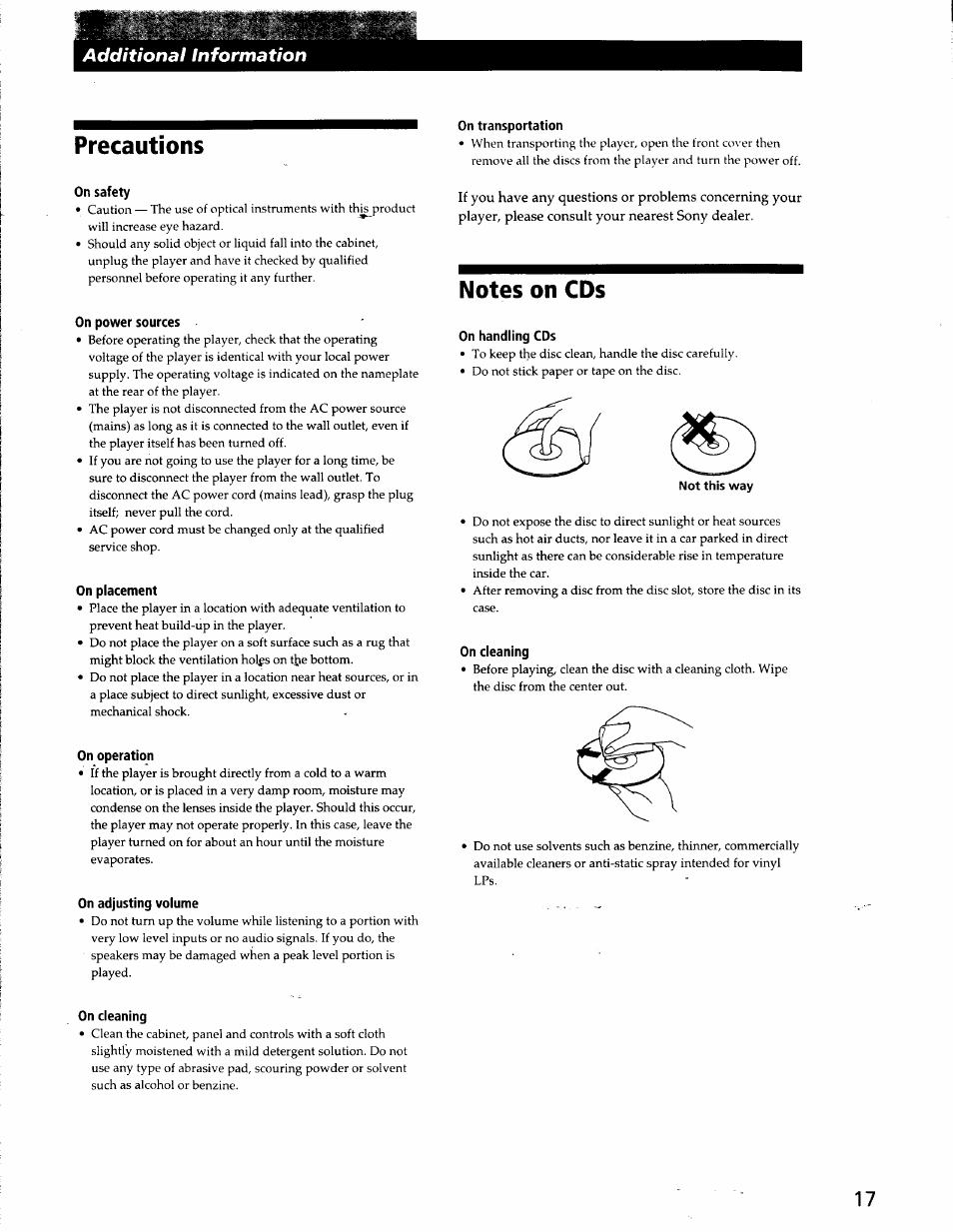 Precautions, On safety, On power sources | On placement, On operation, On adjusting volume, On cleaning, On transportation, Notes on cds, On handling cds | Sony CDP-CX53 User Manual | Page 17 / 19