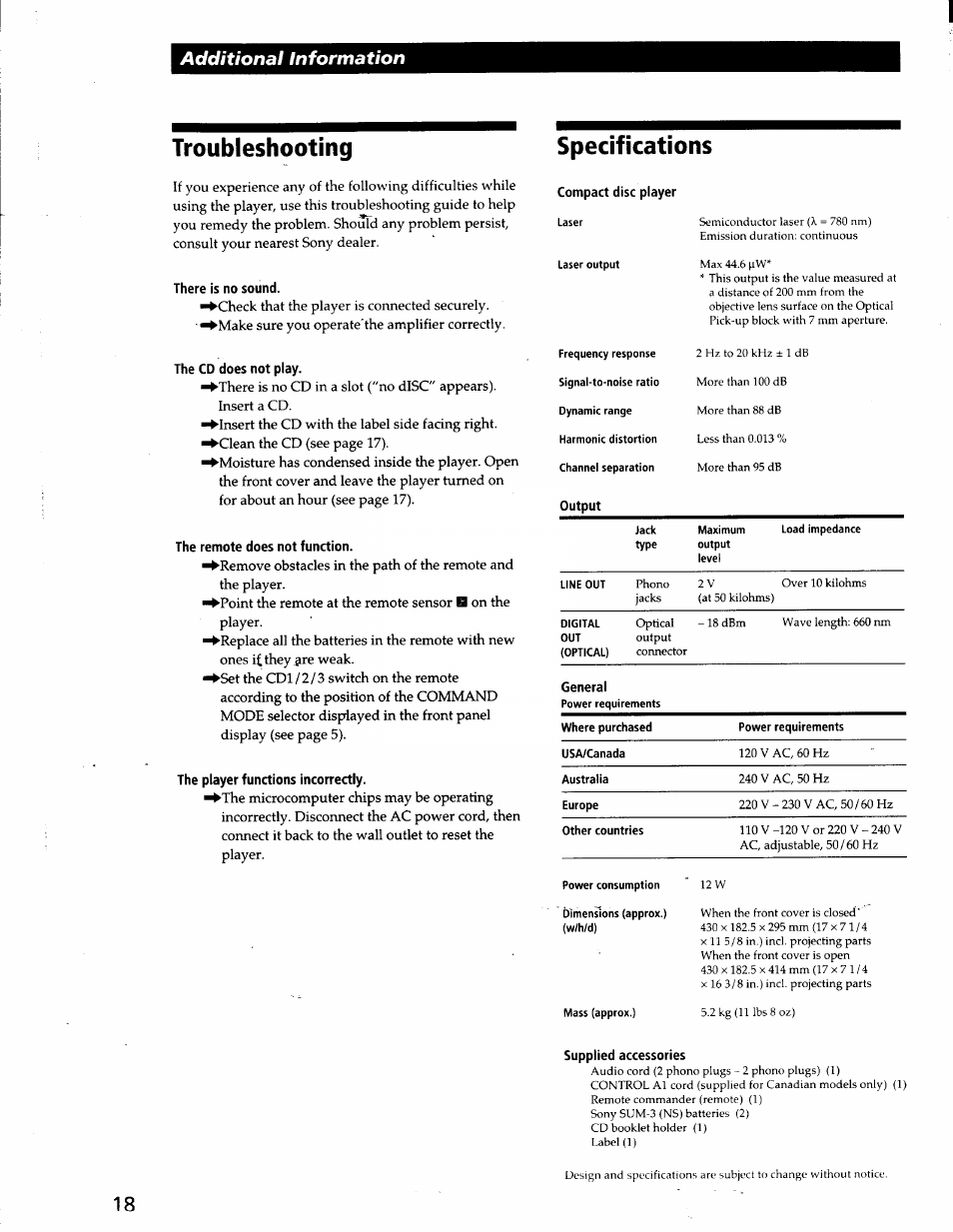 Troubleshooting, There is no sound, The cd does not play | The remote does not function, The player functions incorrectly, Specifications, Additional information | Sony CDP-CX53 User Manual | Page 18 / 19