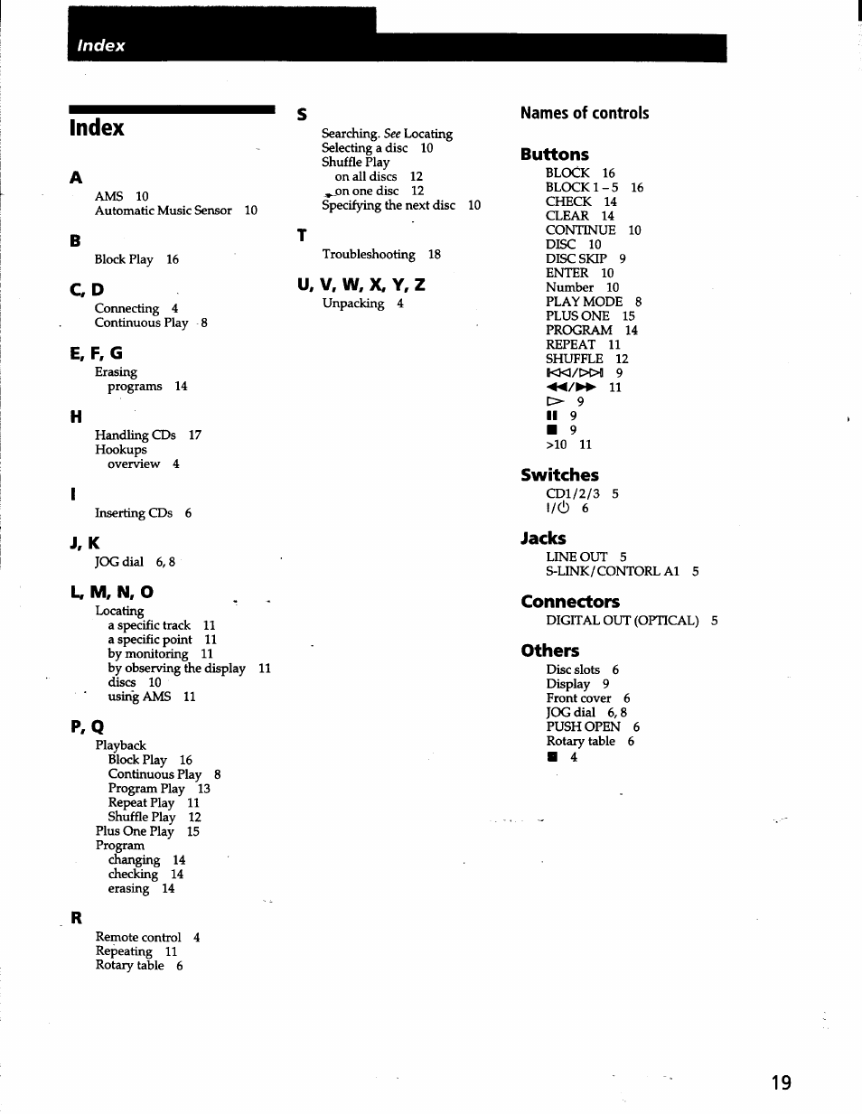 Index, Cf,g, U, v, w, x, y, z | J, k, U m, n, o, Names of controls, Buttons, Switches, Jacks, Connectors | Sony CDP-CX53 User Manual | Page 19 / 19