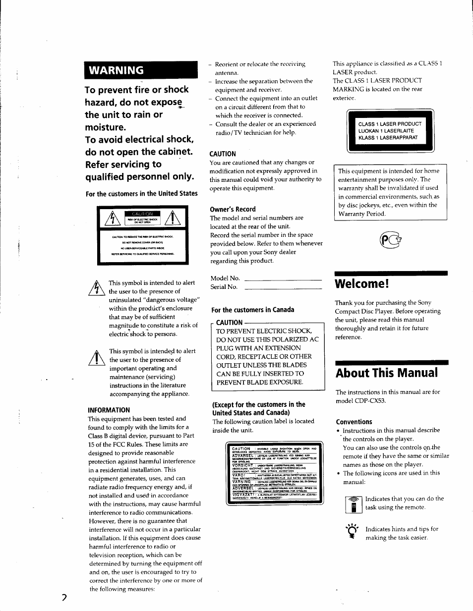 For the customers in the united states, Information, Caution | Owner's record, For the customers in canada caution, Welcome, About this manual, Conventions, Warning | Sony CDP-CX53 User Manual | Page 2 / 19