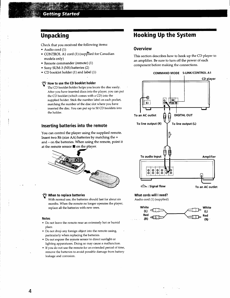 How to use the cd booklet holder, Inserting batteries into the remote, Hooking up the system | Overview, When to replace batteries, Notes, What cords will i need, Unpacking | Sony CDP-CX53 User Manual | Page 4 / 19