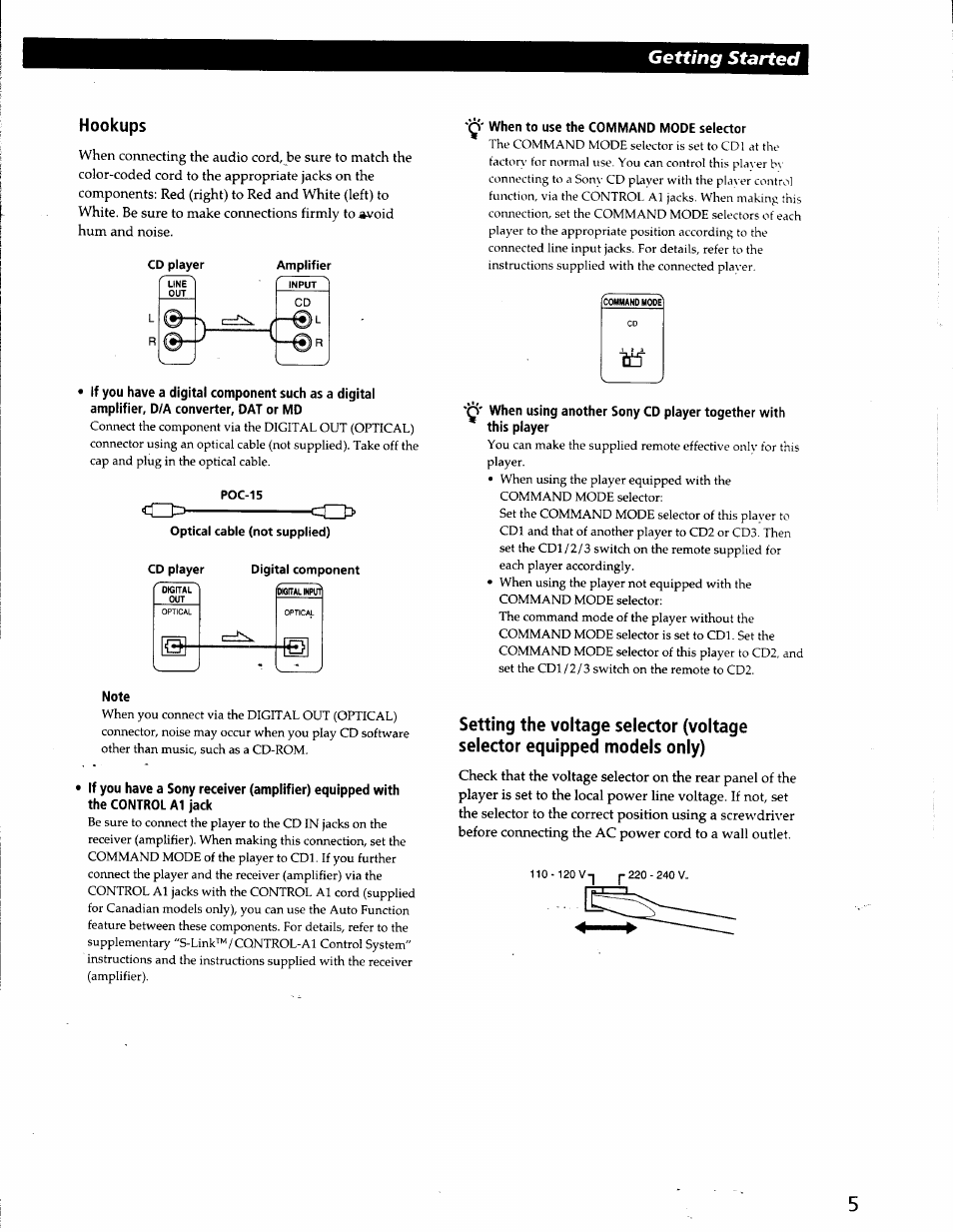 Hookups, Note, When to use the command mode selector | Getting started | Sony CDP-CX53 User Manual | Page 5 / 19