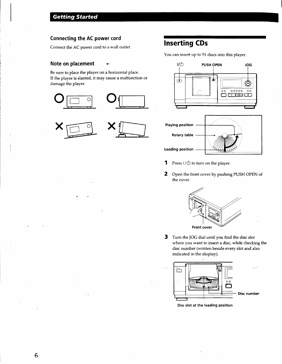 Connecting the ac power cord, Note on placement, Inserting cds | Sony CDP-CX53 User Manual | Page 6 / 19