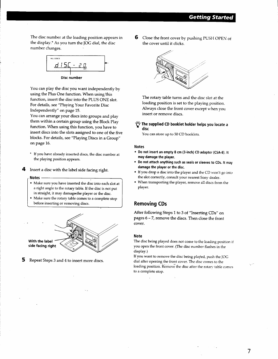 Notes, Removing cds, Note | Getting started | Sony CDP-CX53 User Manual | Page 7 / 19