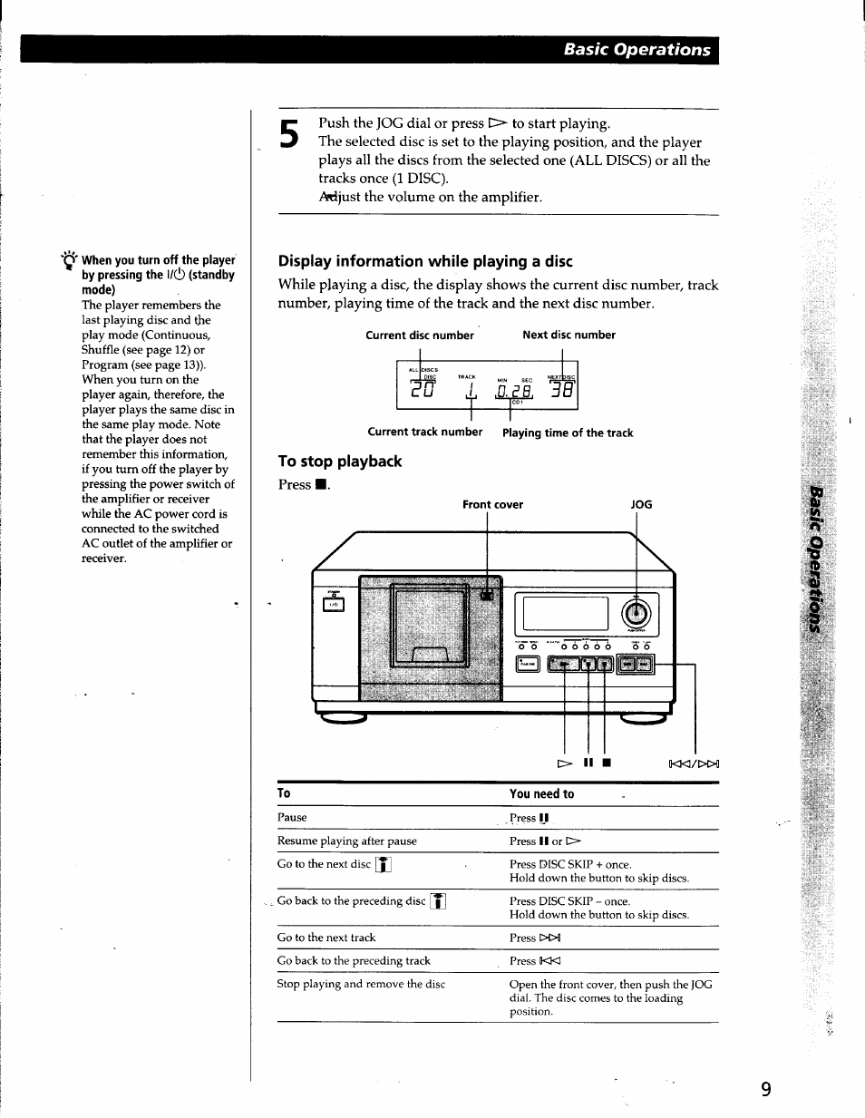 Q.^e. 3b, Basic operations, Display information while playing a disc | Sony CDP-CX53 User Manual | Page 9 / 19