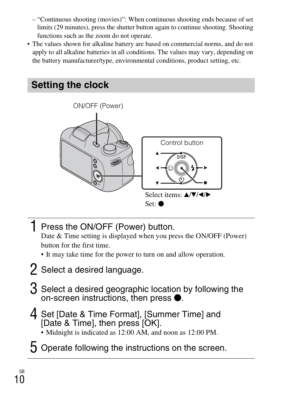 Setting the clock | Sony DSC-H200 User Manual | Page 10 / 48