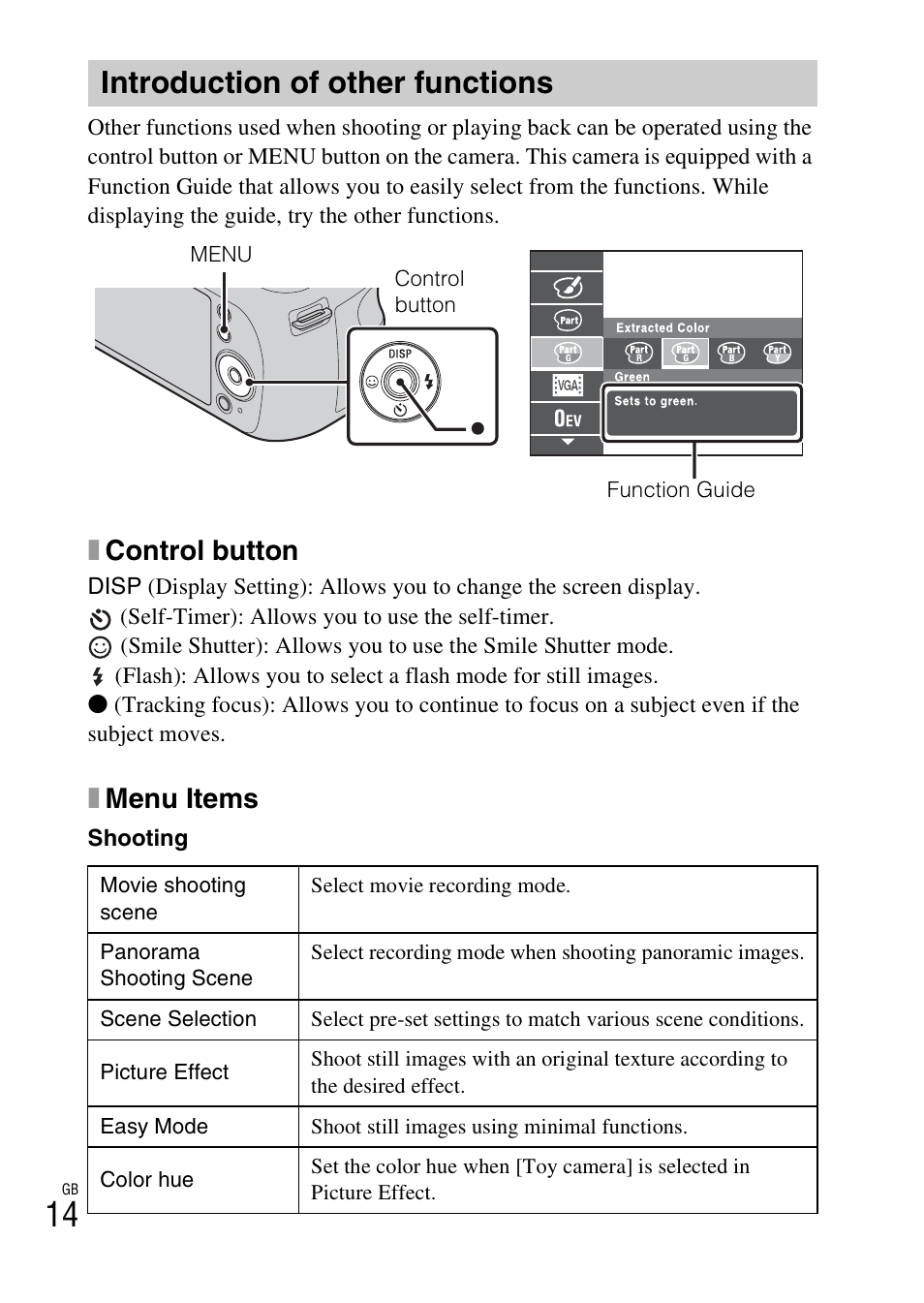 Introduction of other functions, Xcontrol button, Xmenu items | Sony DSC-H200 User Manual | Page 14 / 48