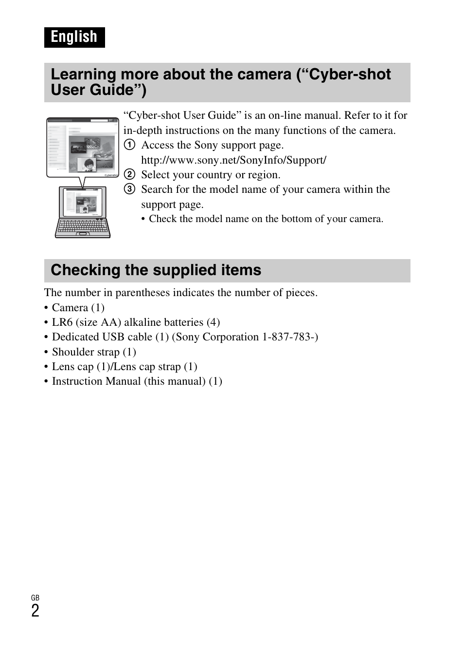 English, Checking the supplied items | Sony DSC-H200 User Manual | Page 2 / 48