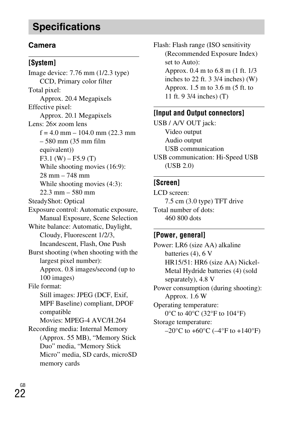 Specifications | Sony DSC-H200 User Manual | Page 22 / 48