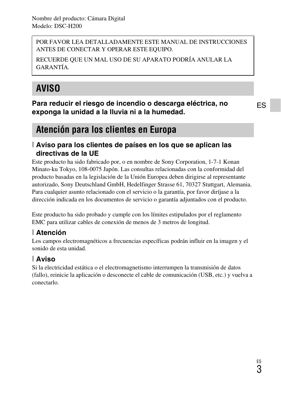 Aviso atención para los clientes en europa | Sony DSC-H200 User Manual | Page 25 / 48