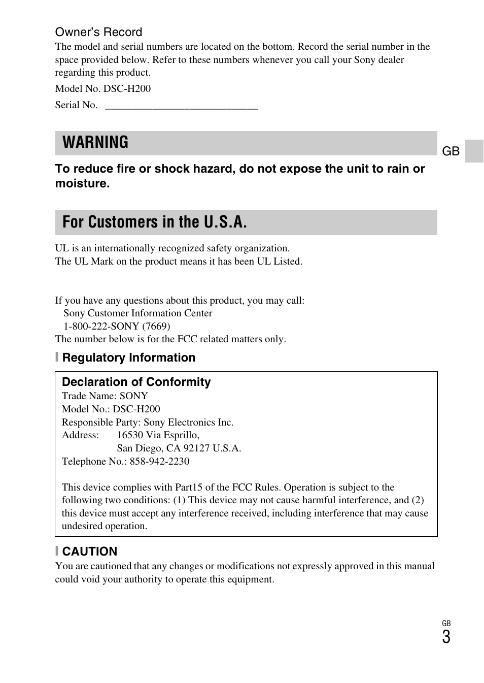 Warning for customers in the u.s.a | Sony DSC-H200 User Manual | Page 3 / 48
