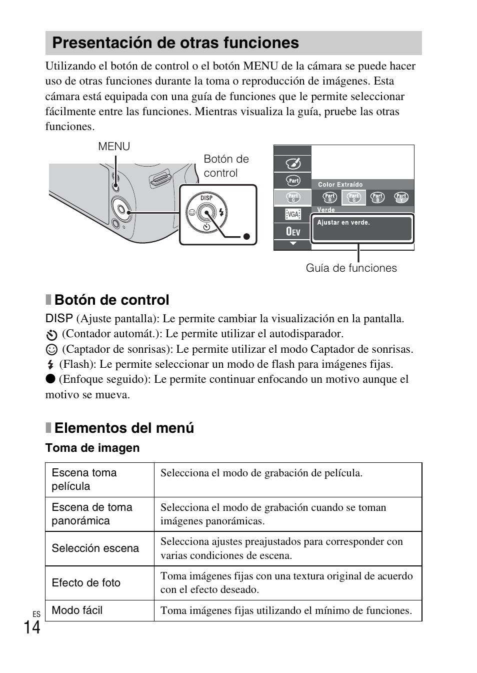 Presentación de otras funciones, Xbotón de control, Xelementos del menú | Sony DSC-H200 User Manual | Page 36 / 48