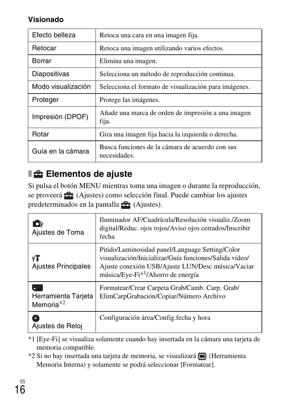 Elementos de ajuste | Sony DSC-H200 User Manual | Page 38 / 48