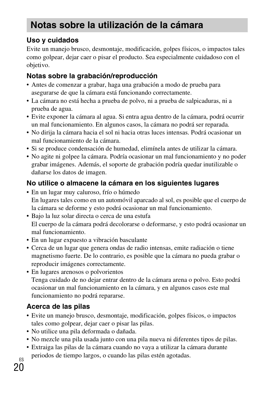 Notas sobre la utilización de la cámara | Sony DSC-H200 User Manual | Page 42 / 48