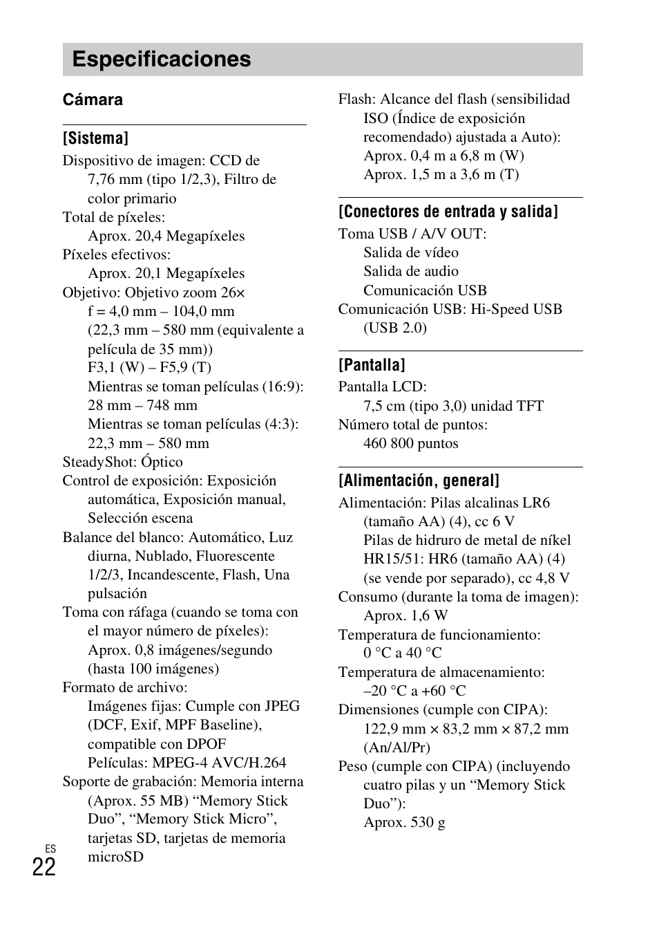Especificaciones | Sony DSC-H200 User Manual | Page 44 / 48