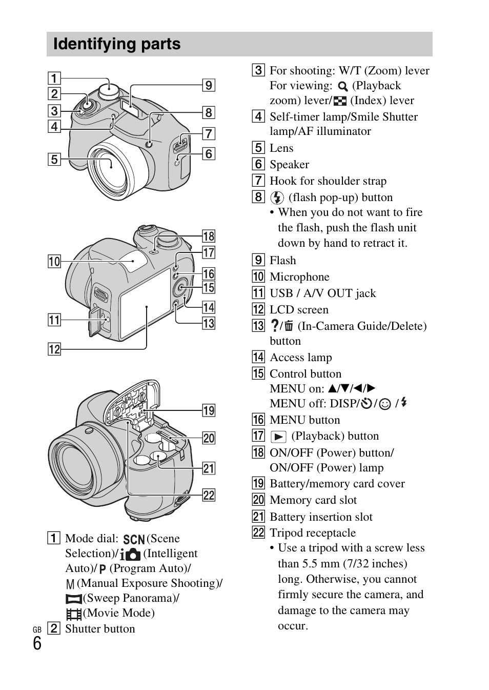 Identifying parts | Sony DSC-H200 User Manual | Page 6 / 48