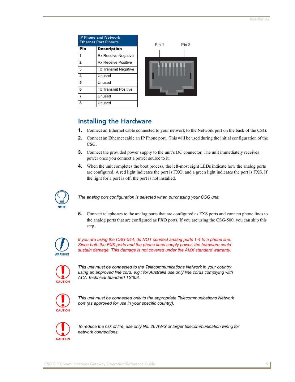 Installing the hardware | AMX SIP Communications Gateway CSG-500 User Manual | Page 17 / 84