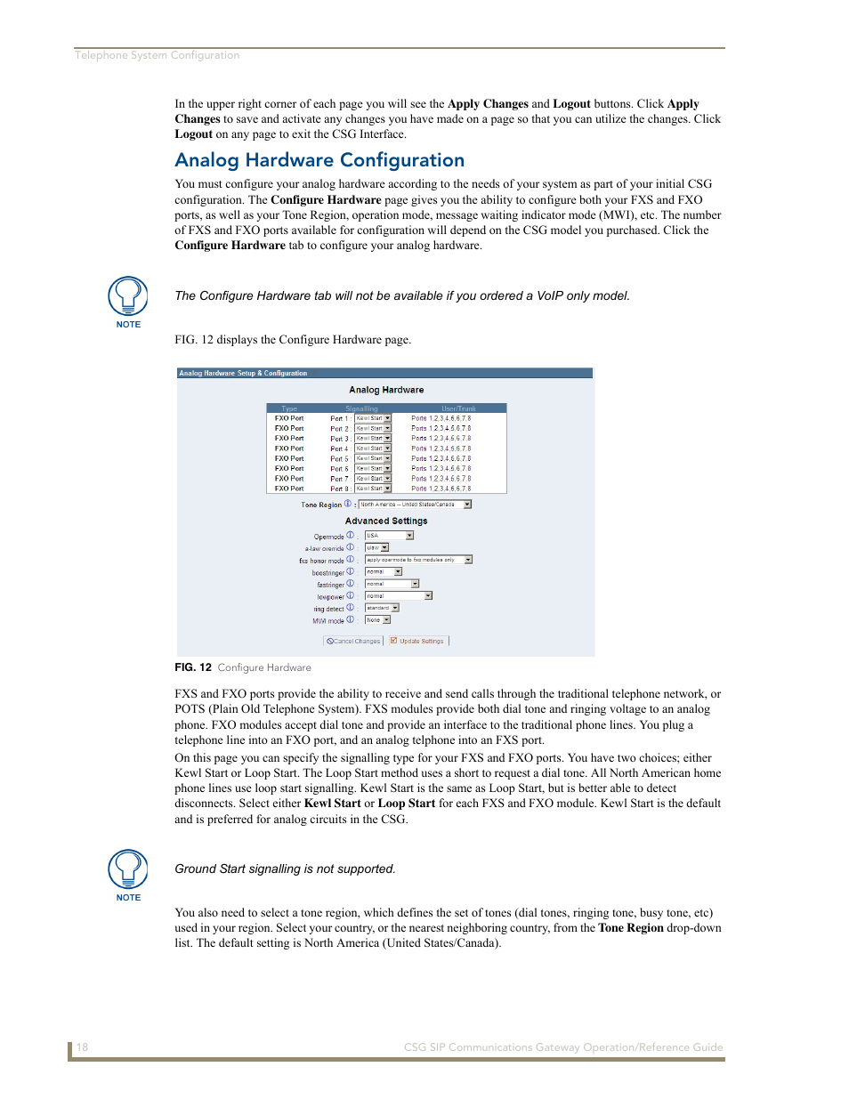 Analog hardware configuration | AMX SIP Communications Gateway CSG-500 User Manual | Page 26 / 84