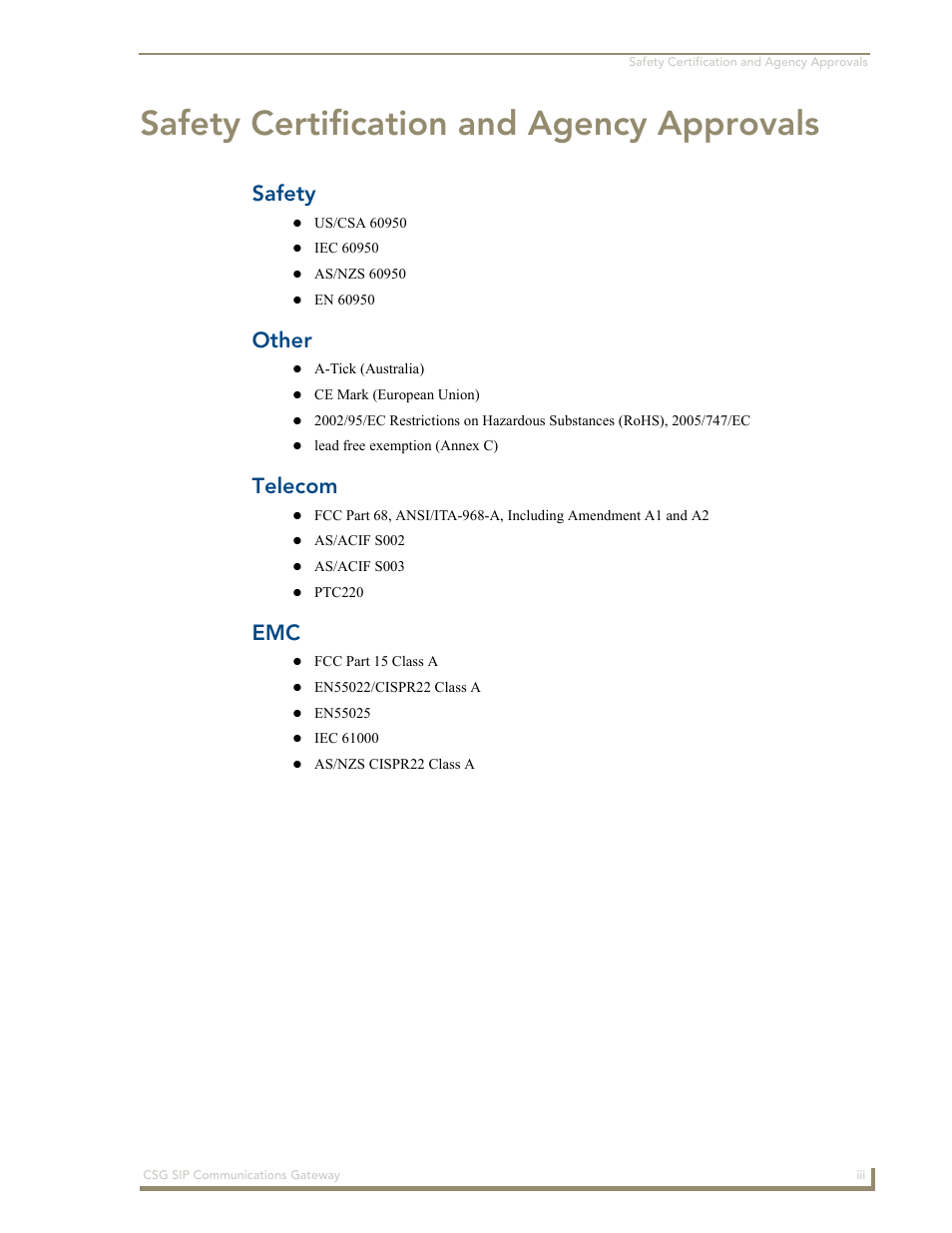 Safety certification and agency approvals, Safety, Other | Telecom | AMX SIP Communications Gateway CSG-500 User Manual | Page 3 / 84