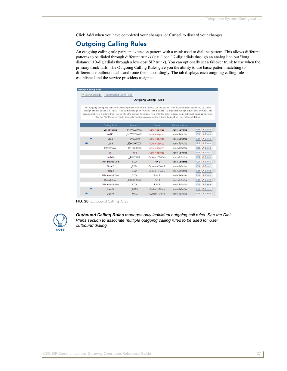 Outgoing calling rules | AMX SIP Communications Gateway CSG-500 User Manual | Page 35 / 84